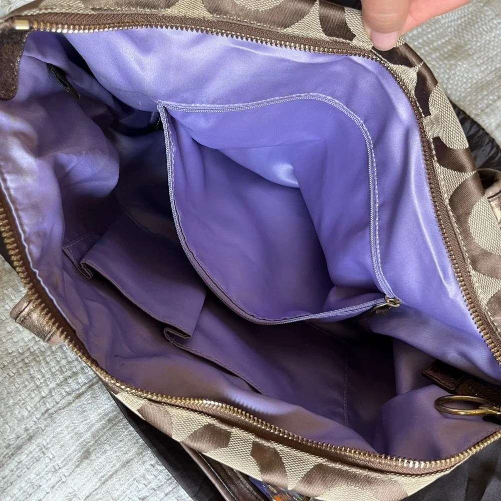Coach Poppy C op art glam bronze metallic leather brown jacquard canvas tote bag